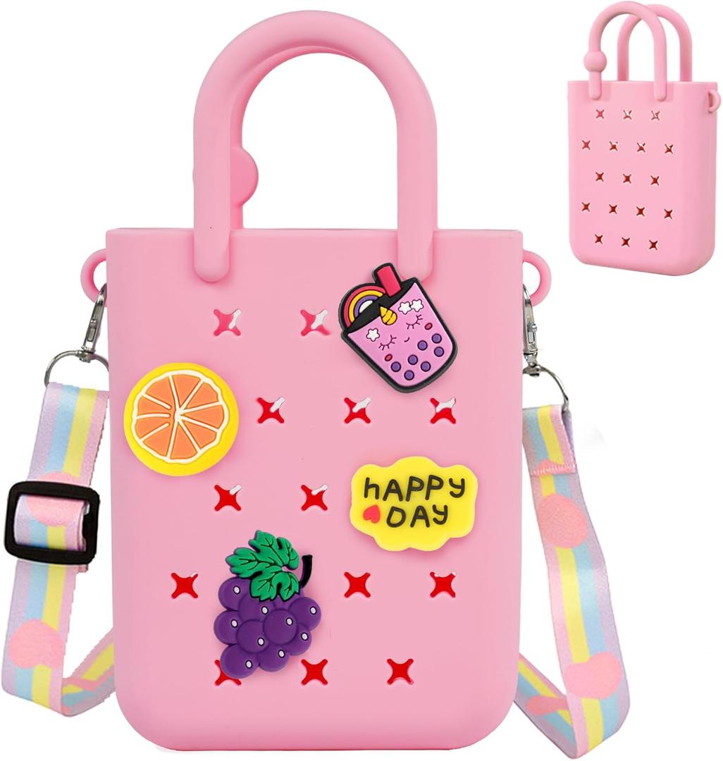 Oudizz Mini Rubber Tote Bag, Silicone Beach Tote for Little Girl & Woman, Cute Bag with 20 Charms & Adjustable Shoulder Strap (Pink)