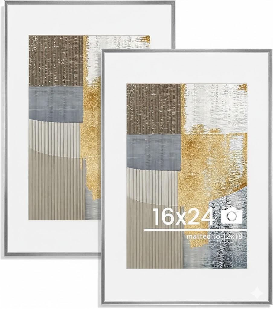 16x24 inch Metal Poster Frame - 16 x 24 Thin Aluminum Picture Frames Matted for 12x18 Photos, Artworks, Prints, Puzzle - High Definition Plexiglass - Vertical and Horizontal Display - Wall Hook Hanging Hardware Included - Black, Set of 1
