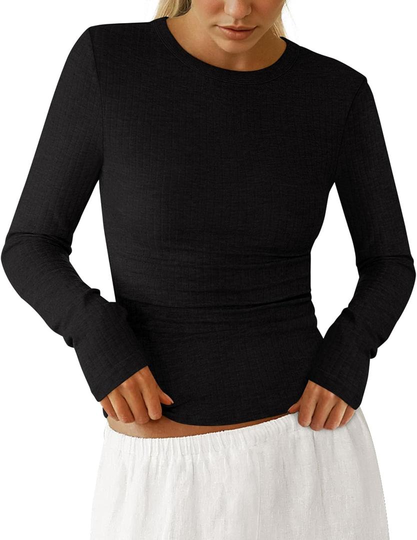 PRETTYGARDEN Womens Long Sleeve Shirts 2026 Ribbed Knit Slim Fitted Basic Tee Casual Going Out Tops Underscrubs Fall Clothing (Black, S)