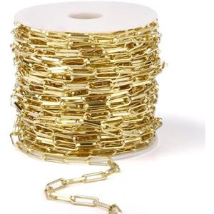 [33 FT] Gold Paperclip Chains Roll, 3.8mm Wide 14K Gold Plated Brass Paperclip Link Chains Spool Bulk for Jewelry Making