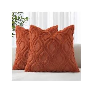 decorUhome Set of 2 Neutral Rust Fall Throw Pillow Covers 18x18 Inch, Decorative Soft Plush Faux Wool Couch Pillow Covers, Farmhouse Pillow Cases for Sofa Bed Living Room
