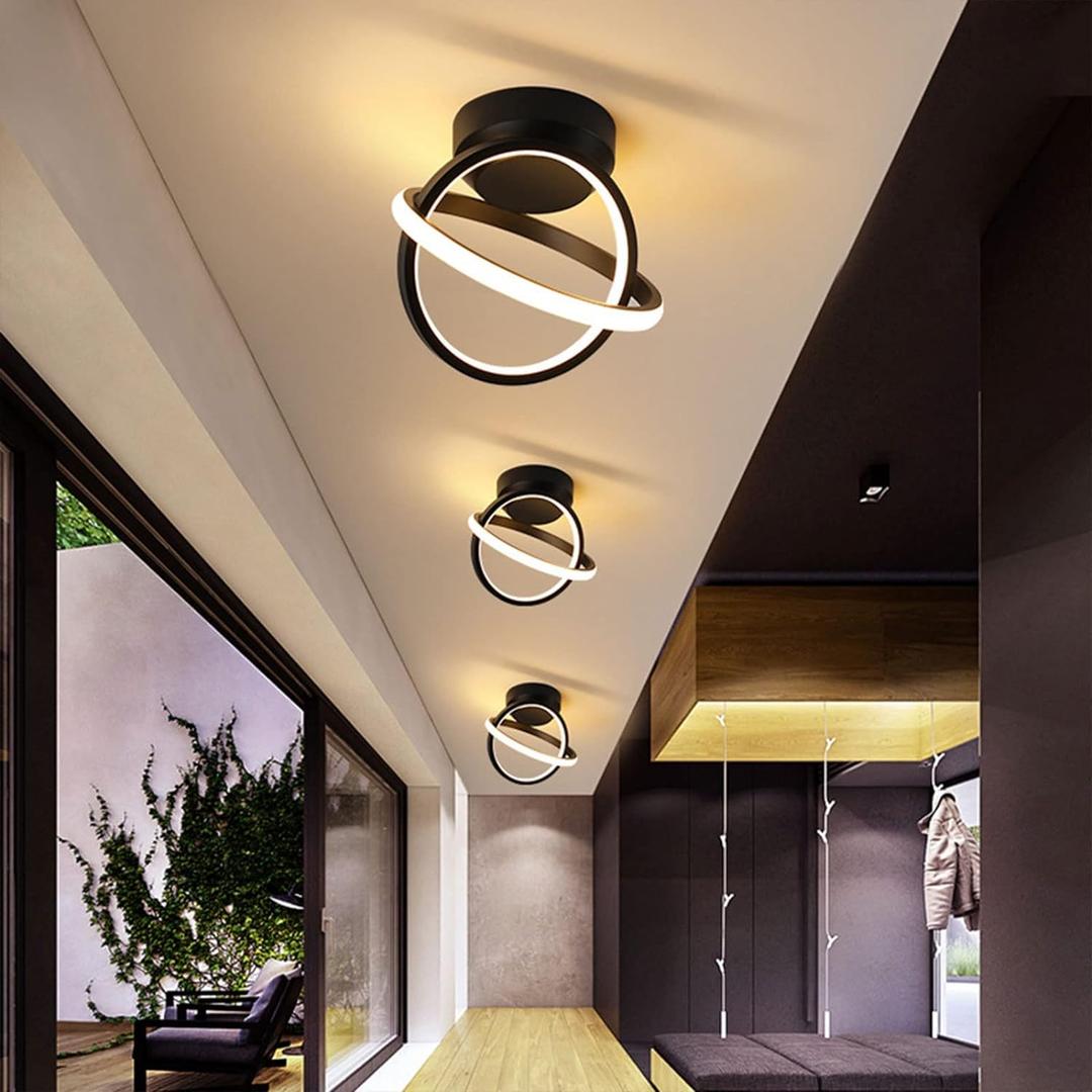 CANEOE Black Led Hallway Light, 3000K Modern LED Ceiling Light Fixtures, Creative Design Round Hallway Light Fixtures for Living Room Bedroom Corridor Aisle Indoor Ceiling Lamp (Warm White)