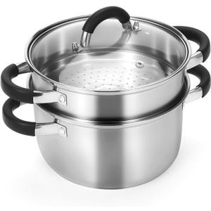 Kirecoo 3.2QT Steamer for Cooking - Stainless Steel Steam Pot with Steamer Basket, Cooking Stock Pot with Silicone Handle, Lid for Vegetable, Dumplings, Soup, Food, 3Ply Bottom Boiling Stew Cookware, 2 pack