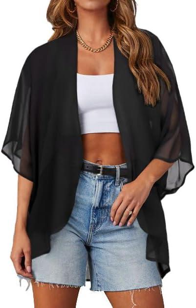 Women Kimono Cardigans Casual Summer Tops Cover up Open Front Floral Print Resort Wear, Large Size, Black