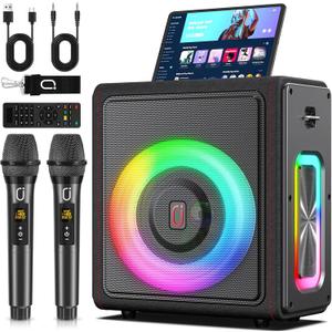 Karaoke Machine, Portable Bluetooth 5.3 Speaker with 2 Wireless Microphones for Adults, PA System with Pitch Correction & Echo Adjustment, Supports TWS/TF Card/USB/AUX/Live/REC for Home Party