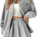 MakeMeChic Women's Two Piece Fall Outfit Striped Button Down Shirt and Pleated Skirt Matching Set (Black and White)