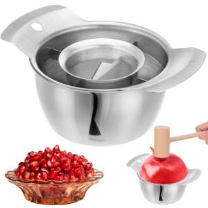NUOBESTY 304 Stainless Steel Pomegranate Deseeder Tool with Wooden Hammer, Metal Fruit Seed Remover Peeler Set with Bowl, Kitchen Cutter Gadget for Quick Arils Extraction & Separator