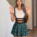 Avidlove Pleated Suspender Skirt Women - Elastic High Waist A-Line Mini Braces Skirt for School Casual Party (S)