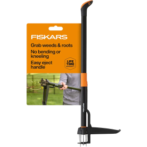 Fiskars Stand-Up Weed Puller Tool, 4 Serrated Stainless Steel Claws Grip Roots for Permanent Removal, Reinforced Foot Platform Penetrates Tough Soil, Easy-Eject & Ergonomic Offset Handle, 39