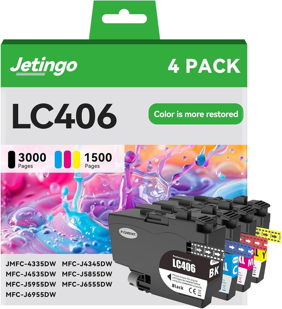 LC406 Ink Cartridges for Brother Printer Compatible with Brother MFC- J4335DW MFC-J5855DW MFC-J4535DW MFC-J6555DW MFC-J6955DW MFC-J5955DW Printer 4 Pack High Yields Black Cyan Magenta Yellow