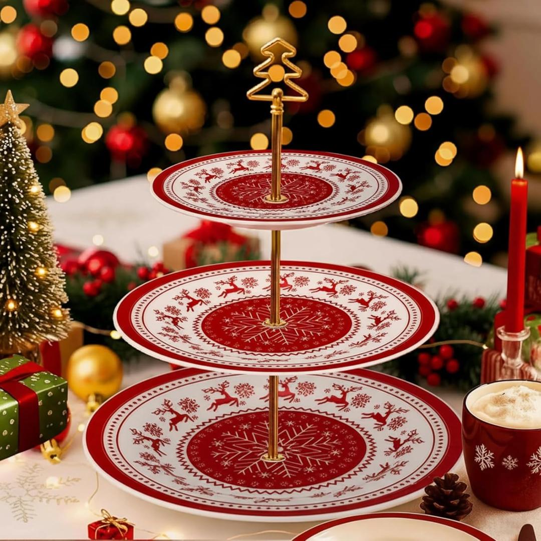 Lallisa 3 Tier Christmas Cake Stand 10", 9" and 7" Ceramic Snowflake Elk Cupcake Display Holder Tower for Xmas Theme Party Serving Food Cake Desserts Treats Holiday Decoration