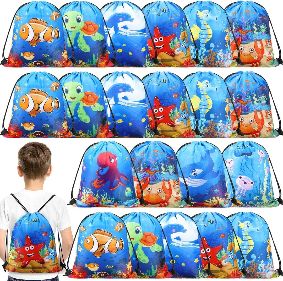 Sanwuta 36 Pcs Under the Sea Party Favor Bags Goodie Ocean Gift Drawstring Bags Beach Sea Animal Candy Treat Drawstring Backpack for Summer Birthday Party Decor Baby Shower Supplies (Classic Style)