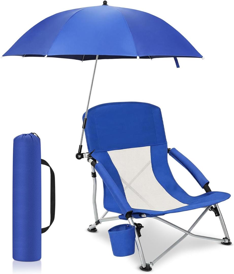 Lineshading 1 Pack Low Beach Chair with Umbrella for Adult, Lightweight Backpacking Folding Recliner Chairs with Carry Bag for Summer Beaches Tent Camping Picnics Barbecues Travel Outdoor (Royal Blue), 27.6" L x 6.5" W x 6.7" H