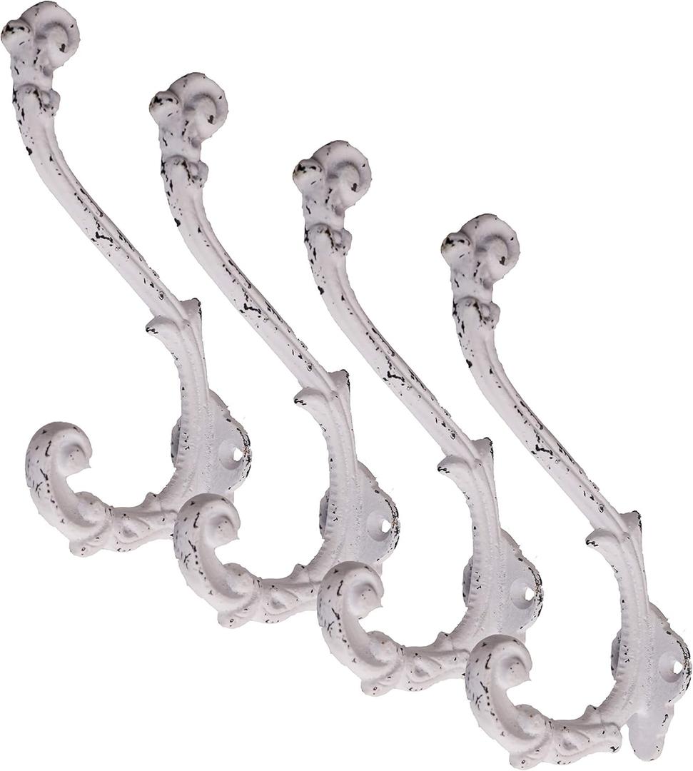 CRAFTSMAN ROAD Vintage Cast Iron Wall Hooks (Antique White Finish, Set of 4) - Rustic, Farmhouse, Shabby Chic, French Country Coat Hooks | Great for Coats, Bags, Towels, Hats | French Slender