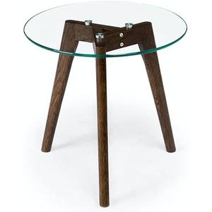 Tempered Glass Small End Table, Mnimalist Round Side Table, Mid-Century Modern End Side Table for Living Room Bedroom Small Spaces Office, with Triskele Walnut Wood Legs (15.7" D x 15.7" H)