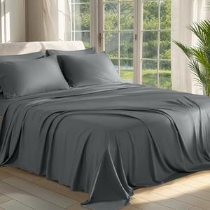 Shilucheng 100% Viscose Derived from Bamboo_ Sheets Queen Size 6pcs - Ultra Cooling & Silky Soft Bed Sheets, 16" Deep Pocket, Perfect for Hot Sleepers, Hotel Bedding Sheets (Dark Grey)