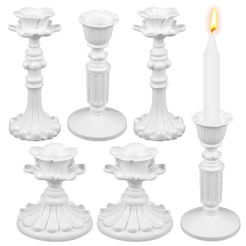 Suclain 6 Pcs Vintage Candlestick Holders Taper Resin Candle Holder Retro Antique Candle Holder Floral Decorative Candlesticks for Wedding Anniversary Table Centerpieces Fireplace Home Decor (White)