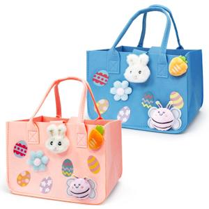 Aviski 2PCS Easter Egg Hunt Bags, Easter Bunny Gift Bags with Handles, Easter Treat Bags, Felt Easter Bags for Gifts Wrapping, Egg Hunt Game, Easter Party Supplies, 12" x7.8" x6.8"(Pink + Light Blue)