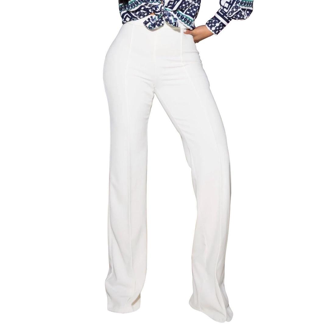 PINSV Women's High Waisted Stretchy Bootcut Pull On Dress Pants Casual Work Pants Pure White, Medium