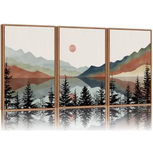 Tinonedraw Boho Mountain Framed Canvas Wall Art Set, Watercolor Nature Landscape Wall Decor, Black Pine Forest Artwork, Modern Sunrise Art Prints for Living Room, Bedroom, Office 16"x24"x3