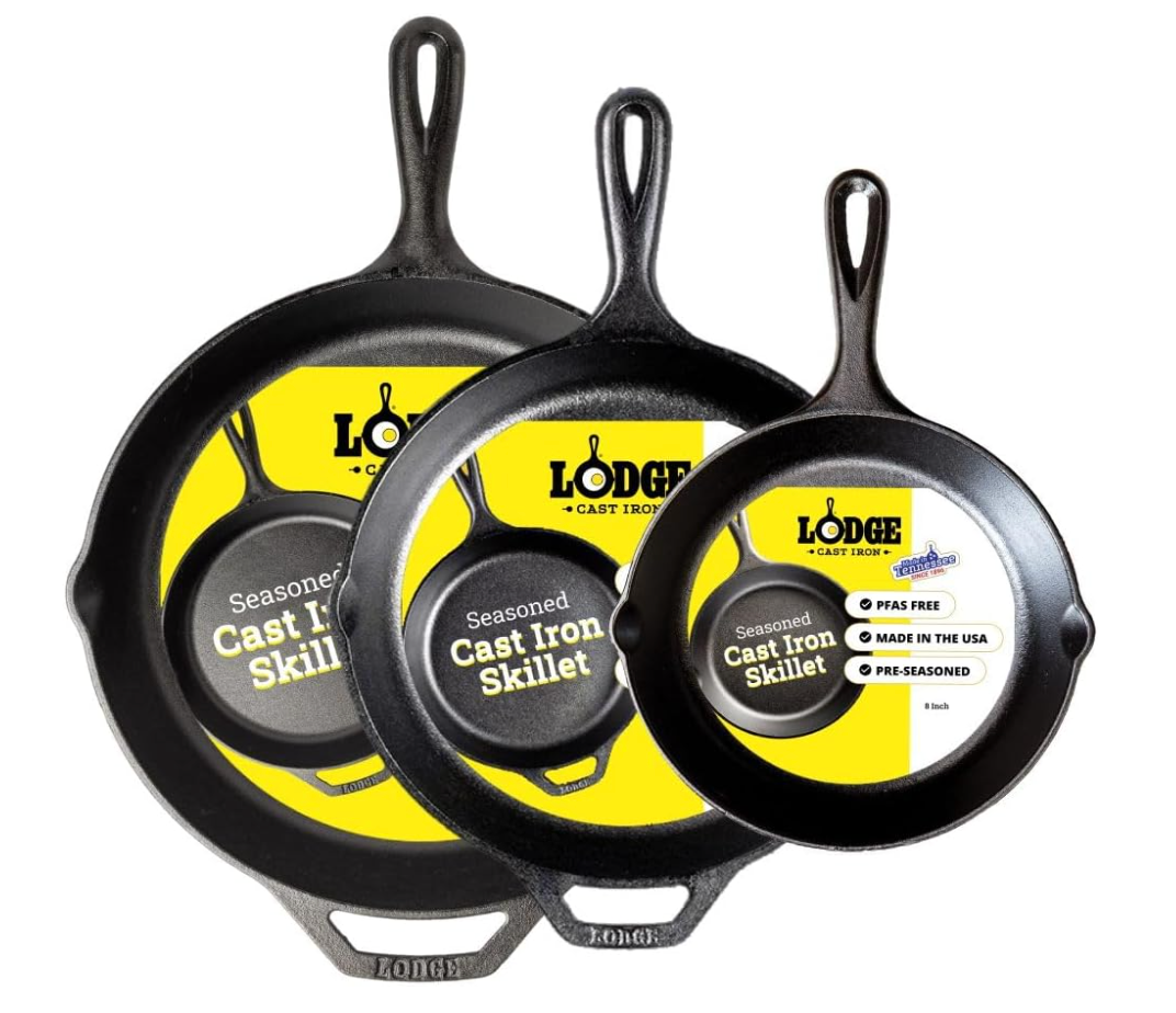 Lodge Seasoned Cast Iron Skillet Set  PFASFree, NonToxic Cookware  Use with an Oven, Stove, Grill, or Campfire  Naturally NonStick & Oven Safe  8, 10.25 & 12 Inches