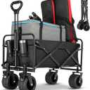 Collapsible Foldable Beach Wagon,Folding Wagon Cart with Big Wheels,Utility Grocery All Terrain Wagons carts Foldable with Brakes for Sand Camping Sports Outdoor(Deep Black).