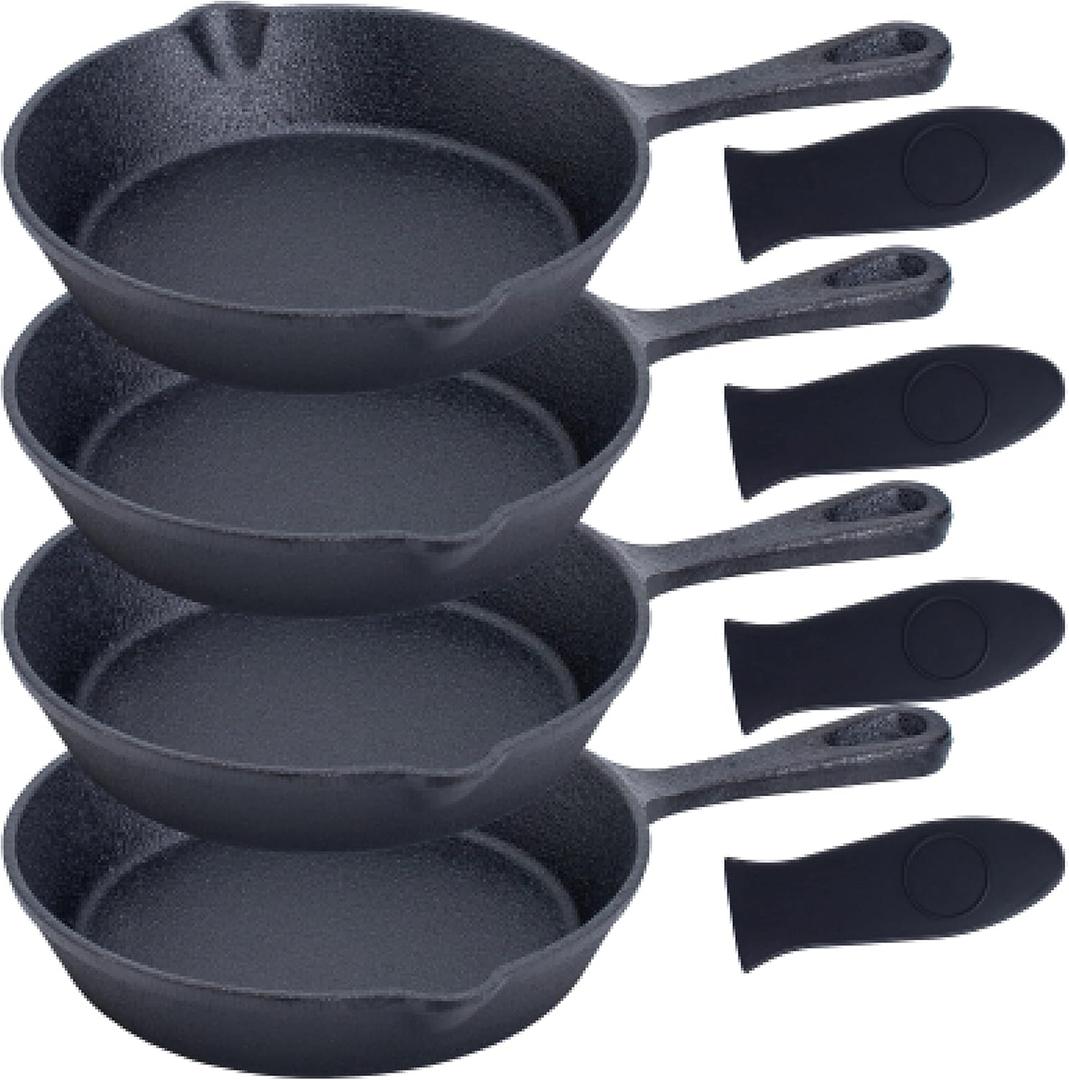 Bruntmor Cast Iron Frying Pan Set of 3-6x4 Inch Black Pre-Seasoned Skillets with Heat-Resistant Silicone - Mini Cast Iron Skillet Set for Stovetop, Oven, and Grill