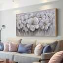 Flower Wall Decor White and Gray Floral With Golden Stamen Botanical Wall Art Framed Artwork for Walls Canvas Prints Painting for Living Room Bedroom Office Home Decor 20"x40"