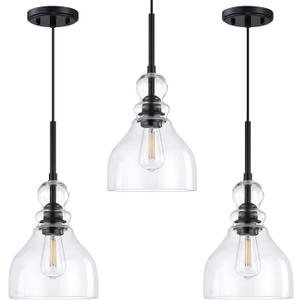 3 Pack 1 Light Kitchen Island Pendant Ceiling Light 6.5" Clear Glass Black Finish Fixture,Modern Industrial Farmhouse Pendant Lamp for Bedside Over Sink Hallway