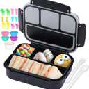 QQKO Bento Box for Kids Adults, School Toddler Lunch Box for Boys Girls, Lunch Box Containers with 4 Compartments, Sauce Container, Utensils, Food Picks and Muffin Cups for School, Black Gray