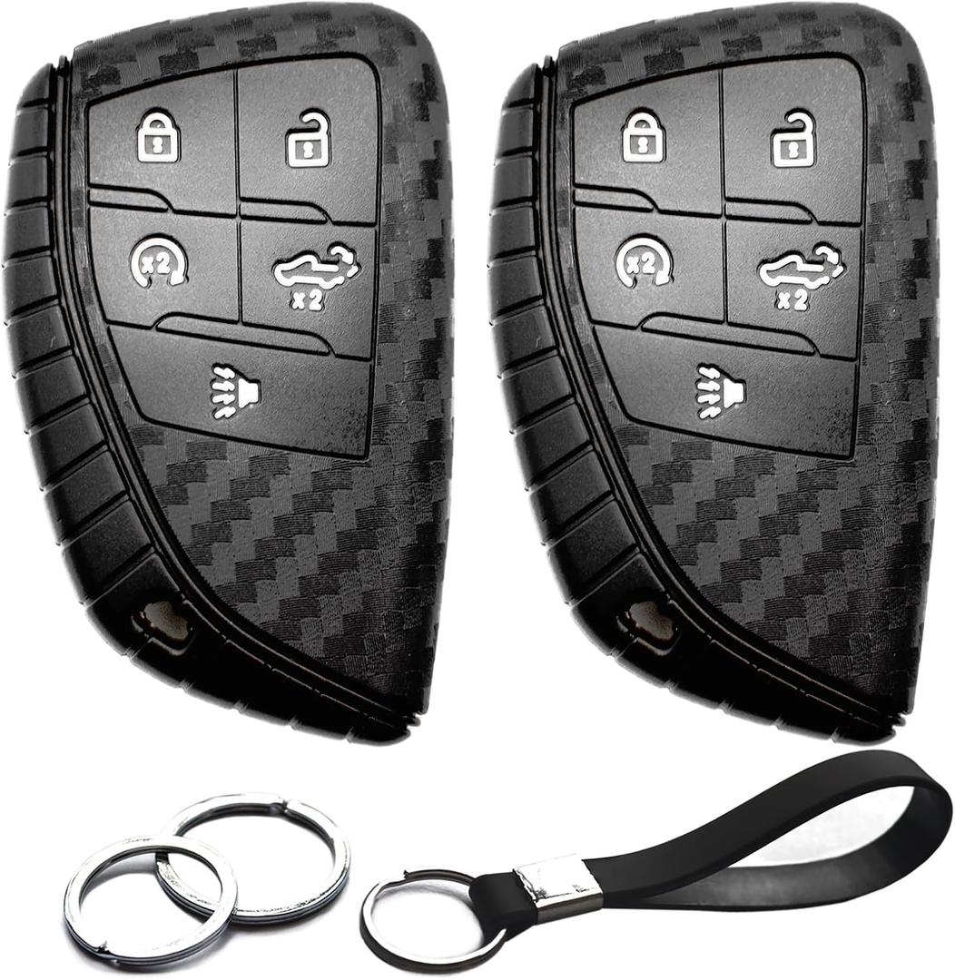 2pcs Compatible with Chevy GMC Key Fob Cover Case Key Chain fit for Chevrolet Chevy Silverado 1500 2500 3500 HD EV GMC Sierra 1500 2500 3500 HD Accessories Shell Holder Carbon Fiber Black