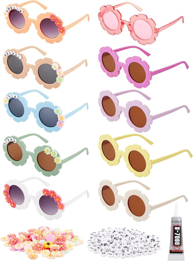 Dunzy 10 Pairs Kids Round Flower Sunglasses DIY Glasses Outdoor Eyewear for Kid with 50 Daisy 100 Random Letter Beads(Lovely Color)