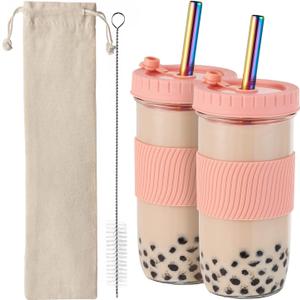 Amyoole 2 Pack Reusable Boba Cup, 24Oz Wide Mouth Smoothie Cup,mason Jar Glass Cups with Lids and Straws,Bubble/Boba Tea Cups,Ice Coffee Tumbler 2 colored straws 1 sponge brush (Pink)