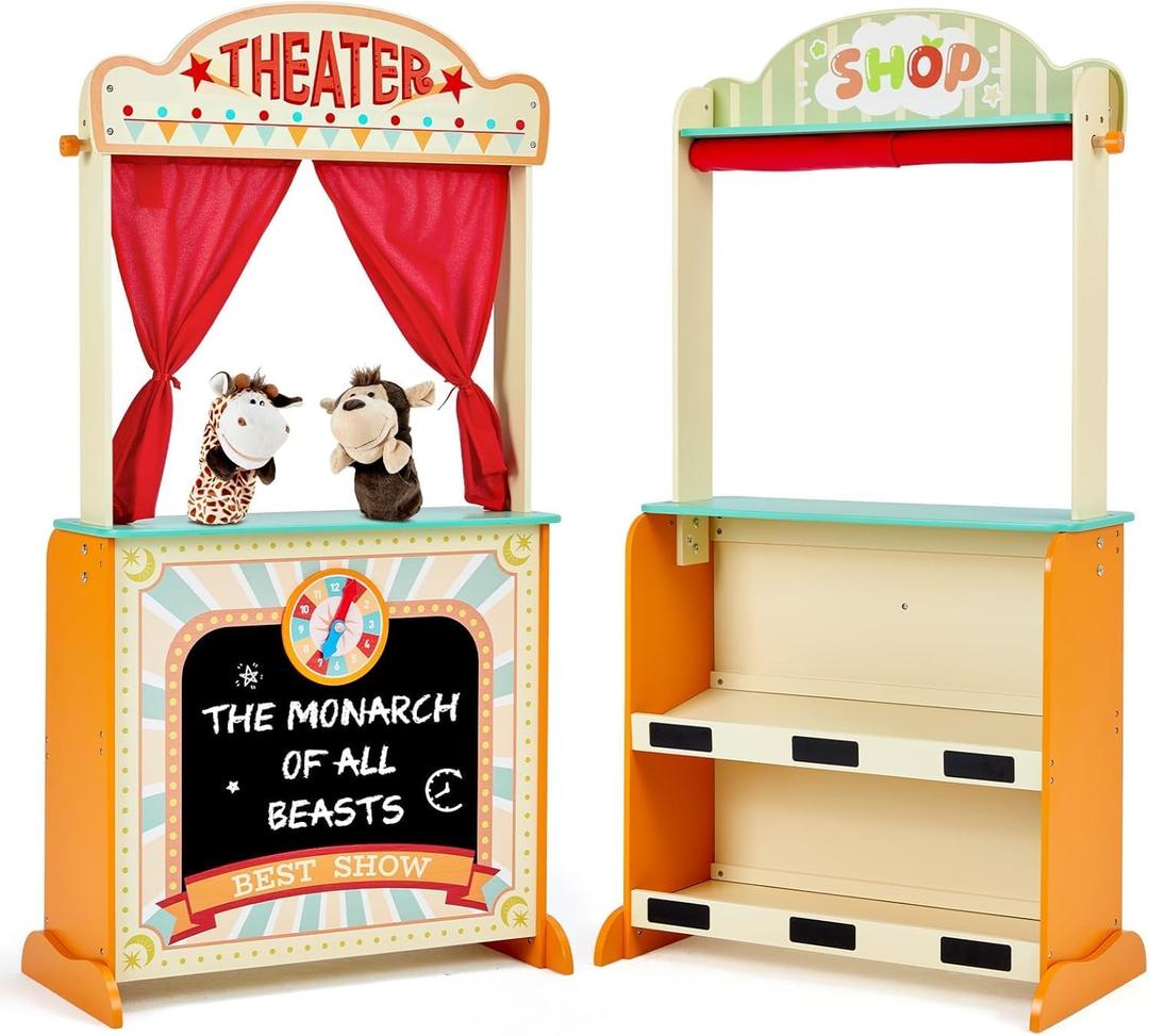 labebe - Deluxe Wooden Puppet Theater Bonus 2 Hand Puppet, 2-in-1 Clock Theater Reversible Play Store, Double-Sided Lemonade Stand, Puppet Show Theater Toy with Chalkboard for Kids 36M+