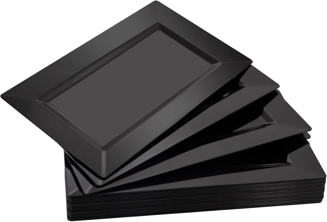 Rubtlamp 12 Pcs Plastic Serving Trays - 13x8 Inch Disposable Rectangle Food Trays - Black Serving Platters for Party & Halloween