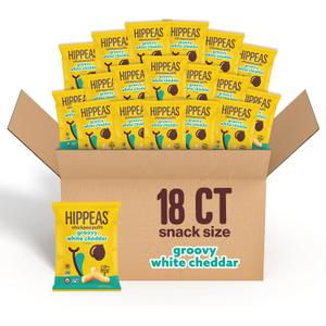 HIPPEAS Chickpea Puffs, Groovy White Cheddar, Gluten Free Snacks, Dairy Free, Vegan, 0.8oz, Pack of 18, 3g Protein, 2g Fiber, Crunchy, Nutritious, Baked Plant Protein Snack, Non-GMO, Kosher, BB Date 07/04/2026