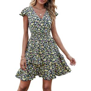 PRETTYGARDEN Womens Summer Dresses Boho V Neck Floral Print Ruffle Sleeve Layered Mini Dress Cute Smocked Waist Short Dress, S