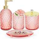 Haturi Pink Bathroom Accessories Set, 4 Pcs Glass Bathroom Accessory Set Complete w/Soap Dispenser, Toothbrush Holder, Qtip Holder, Vanity Tray, Gold Bathroom Set Decor, Gift for Girl Home Apartment