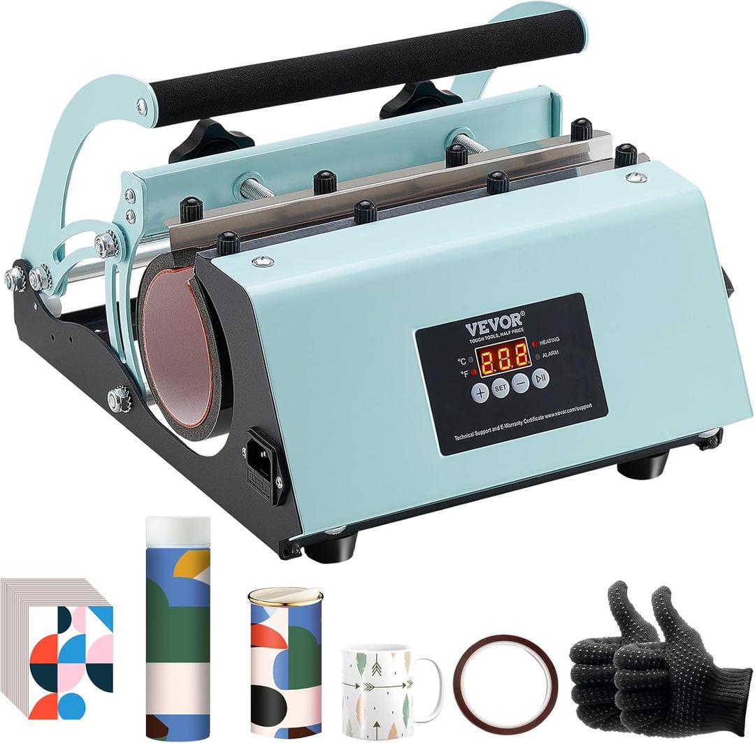 VEVOR Tumbler Heat Press Machine, 11-30oz Mug Press, Heat Up Fast and Even, Tumbler Press with Sublimation Paper, Tape and Gloves, Temp and Time Setting, for Sublimation Tumblers, Cups, Mugs, Green