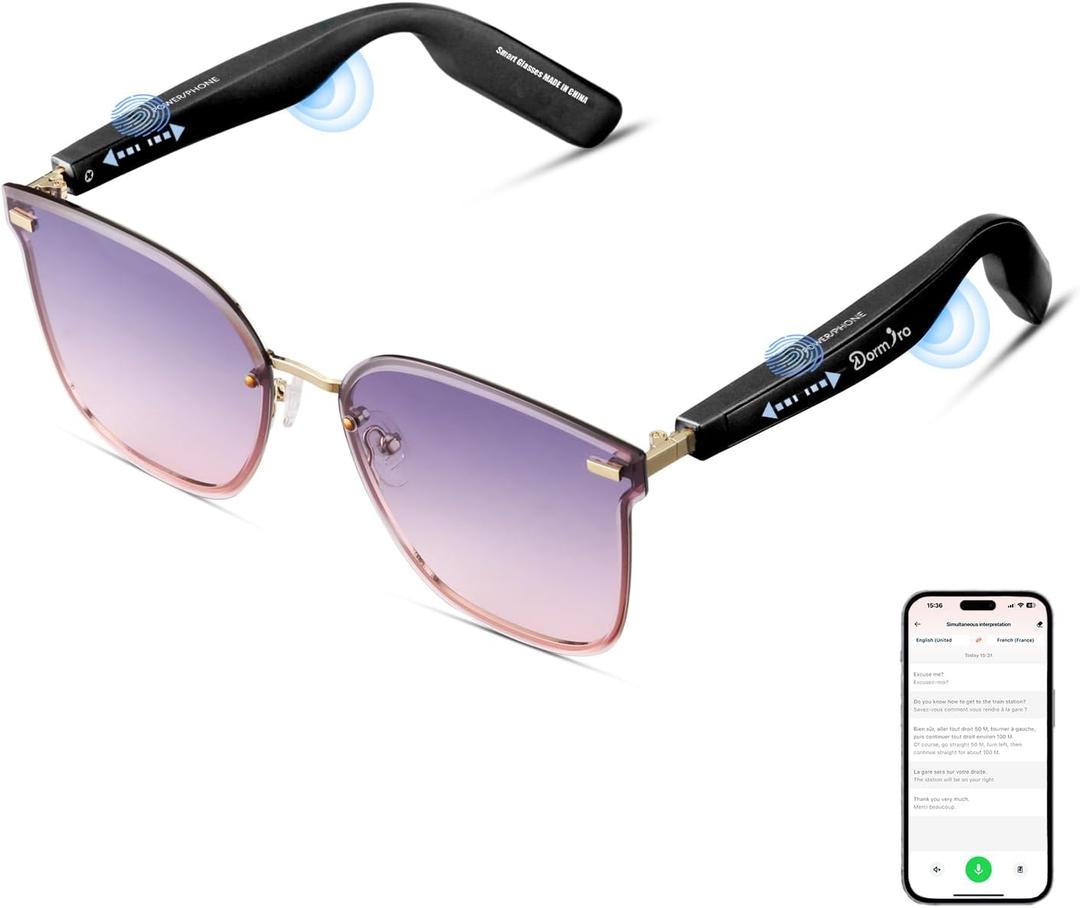 Smart Glasses for Women IPX7 Waterproof AI Glasses with Translator 150+ Language Bluetooth Glasses with Speaker,Open Ear Headphones,Touch Control Smart Sunglasses