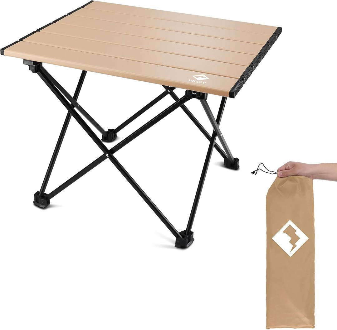 VILLEY Portable Camping Side Table, Ultralight Aluminum Folding Beach Table with Carry Bag for Outdoor Cooking, Picnic, Camp, Boat, Travel (Small 16'', Gold)