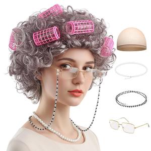 Old Lady Wig Costume for Women, 5 PCS Kids 100 Days of School Grandma Wig Costume Halloween Girls Adults Cosplay Accessories Set (Brown Curly)