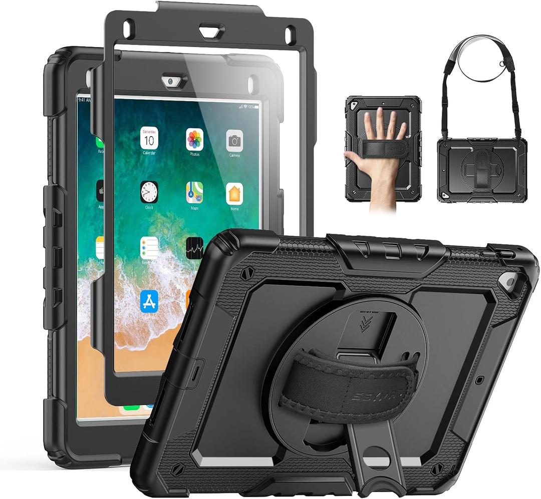 SEYMAC Case for iPad 6th/5th Generation 9.7 Inch, Full-Body Shockproof Heavy Duty Protective Case with Screen Protector, Rotating Stand/Hand/Shoulder Strap for iPad Air 2/ Pro 9.7, Black