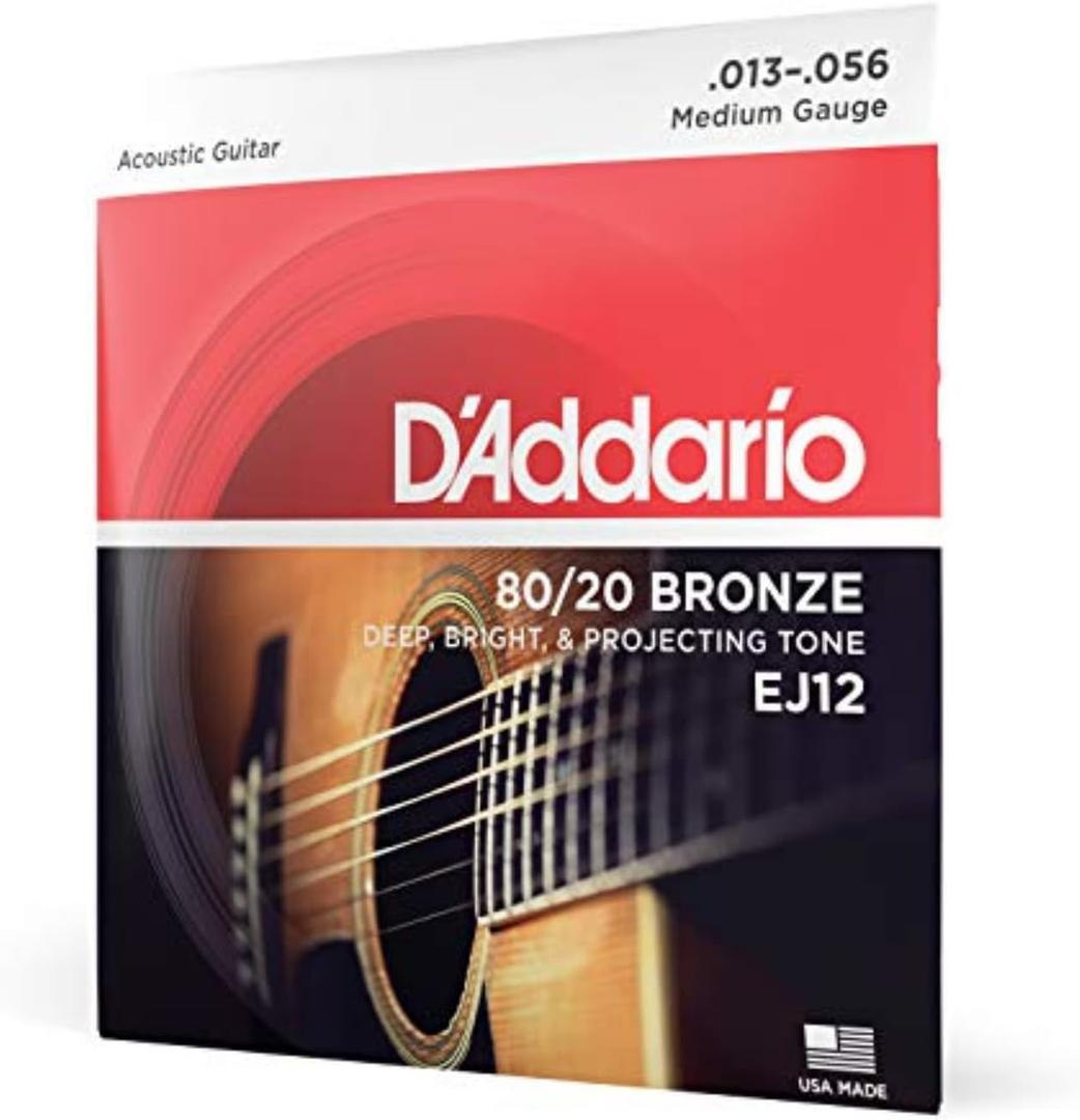 D'Addario Acoustic Guitar Strings, 80/20 Bronze, EJ12, Medium Gauge 13-56, 6-String Set, Pack of 1