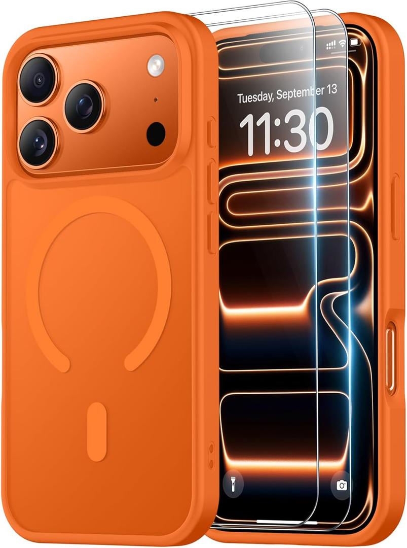 SPIDERCASE Magnetic for iPhone 17 Pro Case, with 2Pcs Tempered Glass Screen Protector Translucent Matte Anti-Scratch Anti-Fingeprint Slim Phone Case for iPhone 17 Pro 6.3, Cosmic Orange