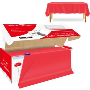 54 Inch x 200 Feet Red Plastic Tablecloth Roll Cut to Size Disposable Table Cover with Cutter Box Plastic Table Cloth for Party, Wedding, Birthday