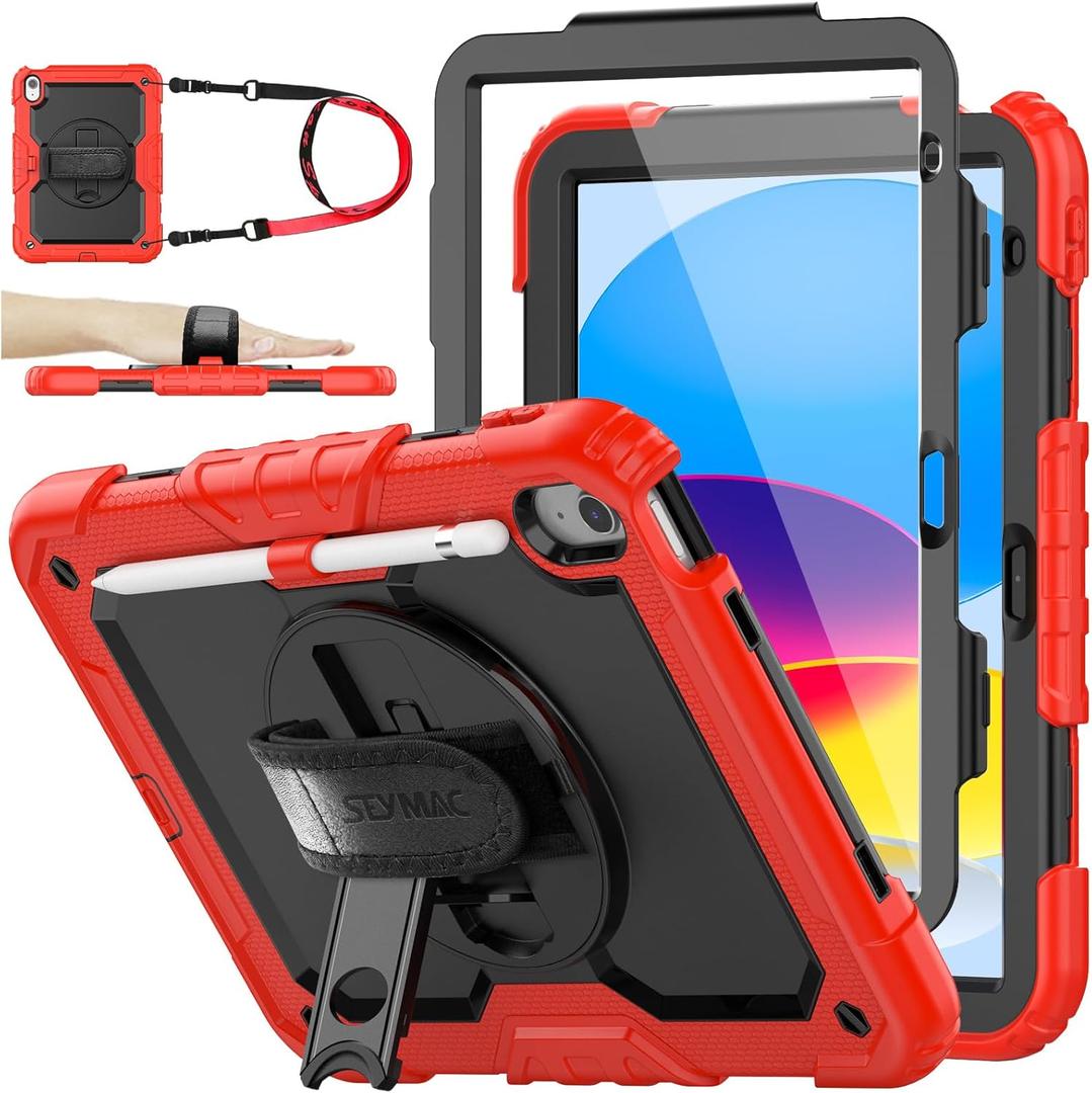 SEYMAC stock Case for iPad (A16) 11th/10th Generation 11''/10.9'' 2025/2022, Full-Body Drop Protection Case with Screen Protector &360 Rotate Hand Strap/Stand, Black+Red