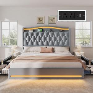 DWVO King Size Bed Frame with 4 Storage Drawers and RGB LED Lights, 57'' Tall Headboard Velvet Upholstered Bed with Charging Station, No Box Spring Needed, Easy Assembly, Noise-Free, Grey