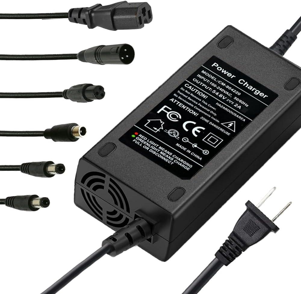 54.6V 2A Charger Power Supply Aadapter 6 Plugs for Scooter 48V Li-ion Battery, DC 5.5 * 2.1/ DC 5.5 * 2.1/ 8mm 3 Prong/ 8mm RCA/ 3-Pin Male XLR Connector/IEC Plug