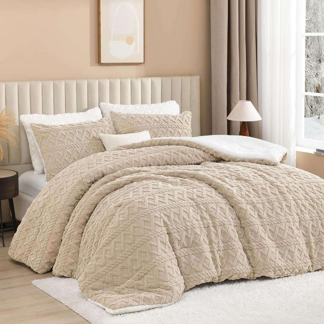 Andency Fluffy Sherpa King Comforter Set, Super Soft Beige Fleece Warm Bedding for Winter, Luxury Jacquard Boho Thick Fuzzy Plush Bed Set 3 Pieces(1 Shaggy Comforter, 2 Pillowcases)